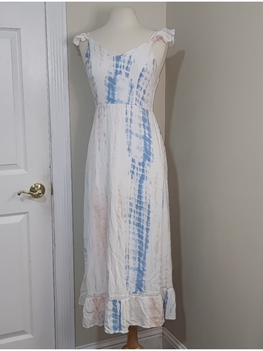 Japna Tie-Dye White and Light Blue Maxi Dress with Ruffle Hem sz XS